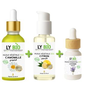 LY BIO PACK HUILE CAMOMILLE 50ML - PIPETTE + HUILE CITRON 50ML - POMPE + HUILE ESSENTIEL LAVANDE 10ML