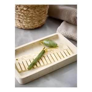 Plateau de Rangement Rectangulaire - Pierre Beige Texturée - Pour Salle de Bain ou Organisation - Dimensions L18cm