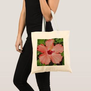Tote Bag Hibiscus with pink flowers / Peach Unique, haute qualité