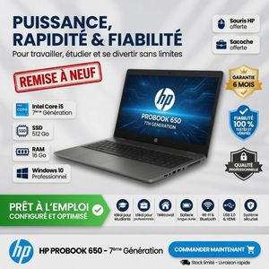 Hp PC Portable Probook 650 Core i5 G3- 7ème Génération- 512Gb SSD- 16GB RAM -Ecran 15.6"- GARANTIE 6 MOIS -remis a neuf - AZERTY