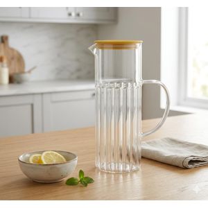 Carafe en Verre Borosilicate Strié avec Couvercle Jaune Moutarde - 1.5L - Pour Eau, Jus et Boissons Chaudes/Froides