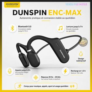DUNSPIN ENC-MAX Écouteurs Bluetooth 5.0 à Conduction Osseuse Oreille Ouverte avec Microphone, Design Sport Léger 18g, Faible Latence, Autonomie Jusqu’à 7h