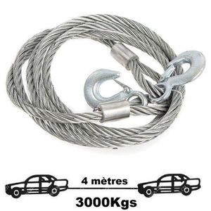 Câble de remorquage 3tonnes 0.8mm x 4m + crochets pour urgence de voiture lourde