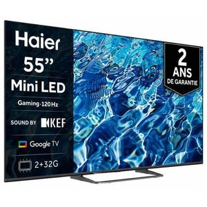 Haier  Mini Led Smart TV 55" 4K UHD avec technologie MINI LED 120 Hz Google TV, Dolby Vision IQ, Bluetooth & Wi-Fi 2ans de garantie frameless, H55M80FUX