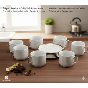 Service à Café grandes tasses -12 pièces  & Thé café au lait Élégant – Porcelaine Blanche Rainuré-detail argenté -240cc 