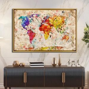 Tableau décoratif - Carte du Monde Coloree - Premium – Doré Satin - L90 x H60 cm