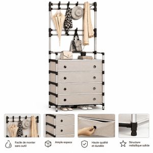 Organisateur de Rangement Multifonctionnel avec 4 Tiroirs – Étagère Vestiaire en Métal avec Panneaux en Tissu PP – Grande Capacité – Structure Robuste et Modulable – Anti-Poussière