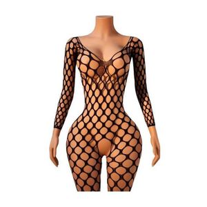 Bodystocking semi-transparent creux en maille, sans lingerie ni caleçon, vêtements sexy chemise de nuit