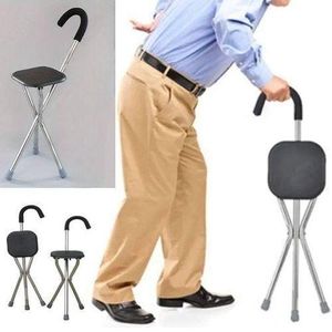 Canne avec siège pliable robuste et base stable en acier inoxydable à trois pieds