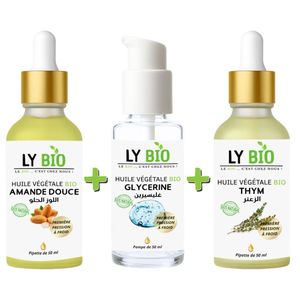 LY BIO PACK HUILE AMANDE DOUCE 50ML - PIPETTE + HUILE GLYCERINE 50ml - POMPE + HUILE THYM 50ML - PIPETTE