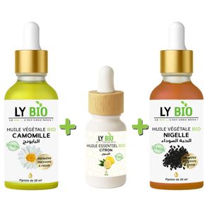 LY BIO PACK HUILE CAMOMILLE 50ML - PIPETTE + HUILE ESSENTIEL CITRON 10ML + HUILE NIGELLE 50ML - PIPETTE