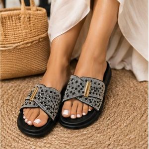 General Claquettes Femme Élégantes Noir – Sandales Confort avec Strass Brillants et Détail Doré – Semelle Épaisse Antidérapante