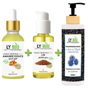 LY BIO PACK HUILE AMANDE DOUCE 50ML - PIPETTE + HUILE LIN 50ML - POMPE + SHAMPOOING A L'HUILE DE NIGELLE 200ML