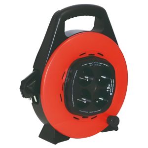 Enrouleur de Câble Électrique - 4 Prises Schuko - Pour Maison & Jardin - Rouge & Noir, 10 Mètres