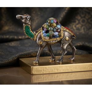 Statue de Chameau en Bronze et Cuire Enrichie de Pierres Naturelles Colorées - Pièce d'Art Artisanale