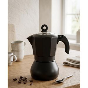 Cafetière Italienne Moka Design - Noir Mat Premium - 6 Tasses (300ml) - Couvercle en Verre Borosilicaté