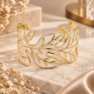 Bracelet Manchette Feuillage Ivoire & Or –chic élégant tendance-Acier Inoxydable