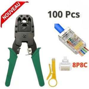 Pince Professionnel à sertir RJ45 RJ12 RJ11 - Avec Crémaillère + 100 connecteurs RJ45 Cat6 Cat5 8P8C PT