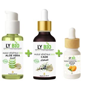 LY BIO PACK HUILE ALOE VERA 50ml - POMPE + HUILE CADE 50ML - PIPETTE + HUILE ESSENTIEL ORANGE 10ML