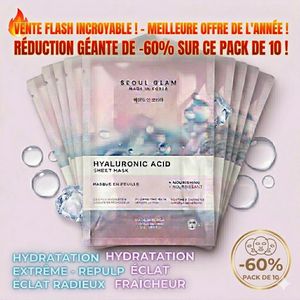 SEOUL GLAM OFFRE FLASH : Pack de 10 Masques SEOULGLAM Acide Hyaluronique - Hydratation Intense & Éclat - Made in Korea -60%