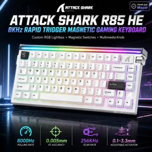 ATTACK SHARK R85 HE Clavier Gaming Magnétique Filaire 75% 8KHz avec Rapid Trigger 0,005 mm, Latence 0,08 ms, Scan Rate 256KHz, Switches Magnétiques Hot-Swap, Snap Tap, DKS, Lightbox RGB, Knob Multimédia et Web Driver