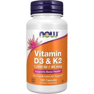 Now Vitamine D3 (1000 UI) & K2 (45 mcg) 120 Gélules Végétaliennes, Immunité & Cœur, Sans Gluten, Sans Soja, Casher