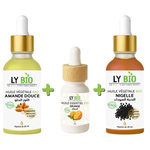 LY BIO PACK HUILE AMANDE DOUCE 50ML - PIPETTE + HUILE ESSENTIEL ORANGE 10ML + HUILE NIGELLE 50ML - PIPETTE