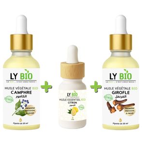 LY BIO PACK HUILE CAMPHREE 50ML - PIPETTE + HUILE ESSENTIEL CITRON 10ML + HUILE GIROFLE 50ML - PIPETTE