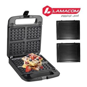 Lamacom Appareil à Panini et gaufrier 2 en 1 , Plaques anti-adhésives