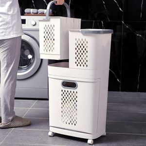 Panier à Linge à 3 Étages en Plastique Robuste - Blanc & Gris - Grande Capacité avec Roulettes 360° et Paniers Amovibles pour Salle de Bain et Buanderie