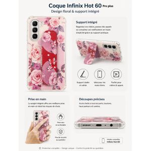 Coque pochette style fashion pour Infinix Hot 60 pro plus avec motif floral et sangle+ support intégré