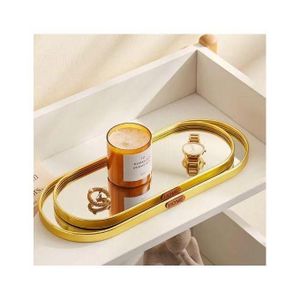 Lot de 2 Plateaux ovales en verre à usages multiples, plateau miroir doré