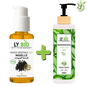 LY BIO مجموعة زيت الحبة السوداء 50 مل - بمضخة + شامبو الألوفيرا 200 مل - مرطب وملطف