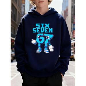 Sweat à capuche pour garçons SIX SEVEN avec imprimé de dessins animés Sweat-shirt orange à manches longues avec motif numérique de 67 caractères, style décontracté pour l'automne/hiver