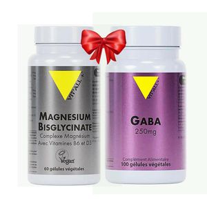 vitall + Magnésium Bisglycinate complexe magnésium & Vitamines B6 et D3 Sans gluten 60 gélules + Gaba Sans gluten 100% végétal stress, anxiété, sommeil 250mg 100 gélules 