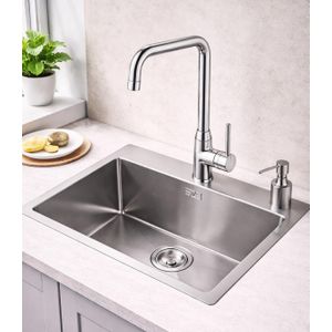 SM حوض مطبخ أسود مع خلاط مصنوع يدويًا من الفولاذ المقاوم للصدأ للمطبخ