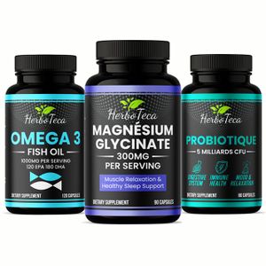 Herboteca Pack Bien-être Total – Magnésium Glycinate 300mg, Oméga 3 1000mg, Probiotique 5 Milliards CFU