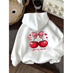 Sweat à capuche décontracté pour femmes avec motif cerise et nœud rose, design romantique et mignon, imprimé dos