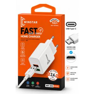 WINSTAR Chargeur Secteur USB 2.4A avec Câble Micro USB – Charge Rapide – Adaptateur Mural Universel WR-305