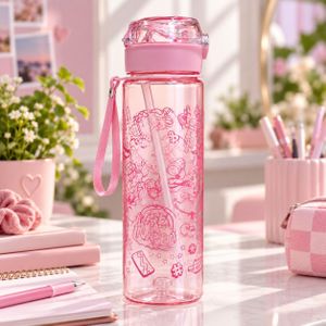 Gourde Rose Transparente 700 ml avec Paille Intégrée et Sangle de Transport