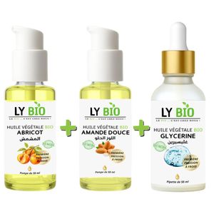 LY BIO PACK HUILE ABRICOT 50ML - POMPE + HUILE AMANDE DOUCE 50ml - POMPE + HUILE GLYCERINE 50ml - PIPETTE