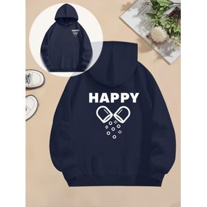 Pull Femme Graphique "Happy Pill" - Texte HAPPY & Design Pilule, Sweat à Capuche Gris Doux pour Tenues Décontractées Quotidiennes - Mode Automne/Hiver, Essentiel de Vêtements, Manches Longues, Couture de Qualité, Style Ludique