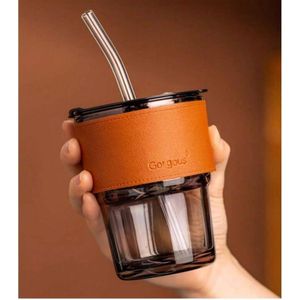 magnifique tasse, Gobelet en verre élégant avec manchon en cuir et paille en verre
