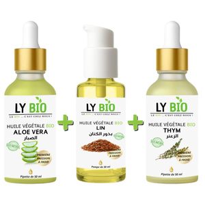LY BIO PACK HUILE ALOE VERA 50ml - PIPETTE + HUILE LIN 50ML - POMPE + HUILE THYM 50ML - PIPETTE