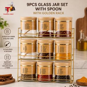 tissir chef Set 9 Pots à Épices en Verre avec 9 Cuillères et Support 3 Niveaux, Organisateur de Cuisine, Boîtes à Condiments