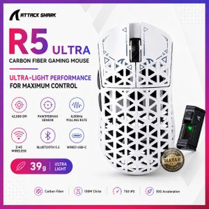 ATTACK SHARK Souris Gaming Sans Fil R5 Ultra Ultralégère 39 g en Fibre de Carbone – Capteur PAW3950MAX 42 000 DPI, Polling Rate 8 000 Hz, Bluetooth 5.2 / 2.4G / USB Filaire, Switches Omron 100 Millions de Clics – Blanche