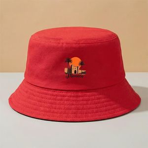 Chapeau de pêcheur décontracté d'extérieur, motif imprimé de palmier de ville antique marocaine au coucher du soleil, slogan du Maroc, multicolore en option, usage quotidien, voyage, loisirs de plein air, plage, festival de musique, à la mode et polyval