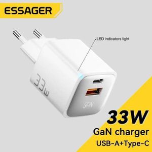 ESSAGER Chargeur Secteur GaN 33W USB-C + USB-A – Charge Rapide PD/QC Double Port pour Smartphone, Tablette et iPhone