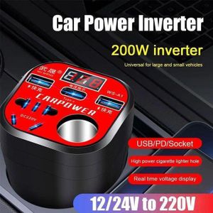Onduleur Convertisseur Voiture 200W avec Écran LCD, 2 Prises 220V + 3 USB, QC3.0, 12V/24V vers 220V, Chargeur Allume-Cigare Type Gobelet