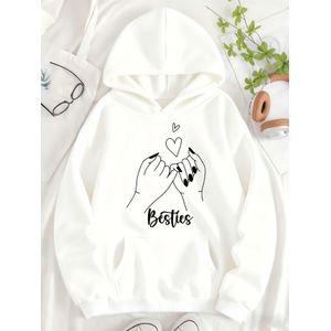 Sweat à capuche pour femme avec doublure pelucheuse, motif "Besties" avec un geste de main en cœur et lettrage graphique sur la poche